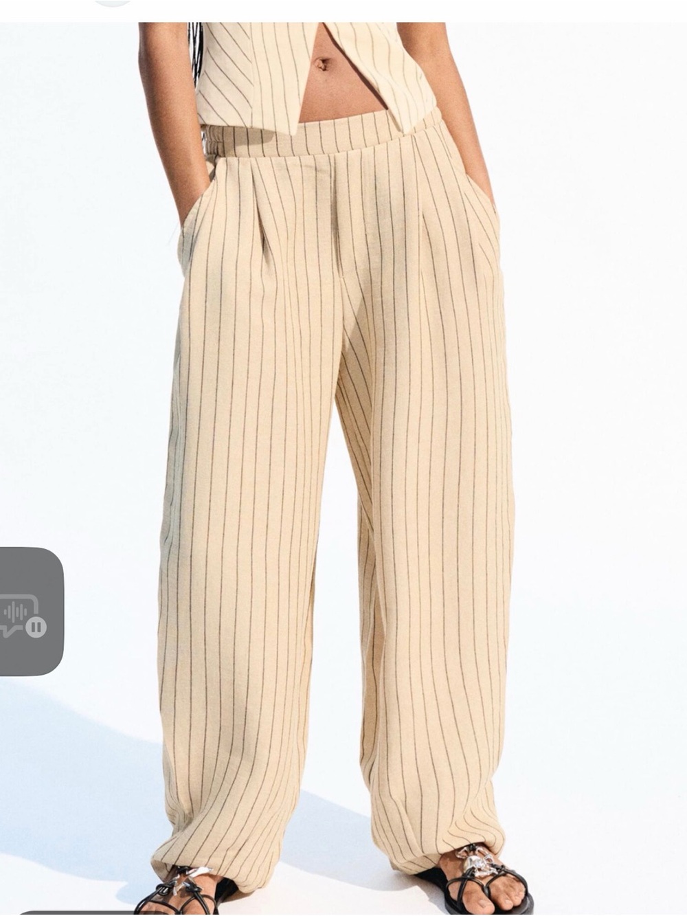 Bershka Beige Pinstripe Wide-Leg Pants